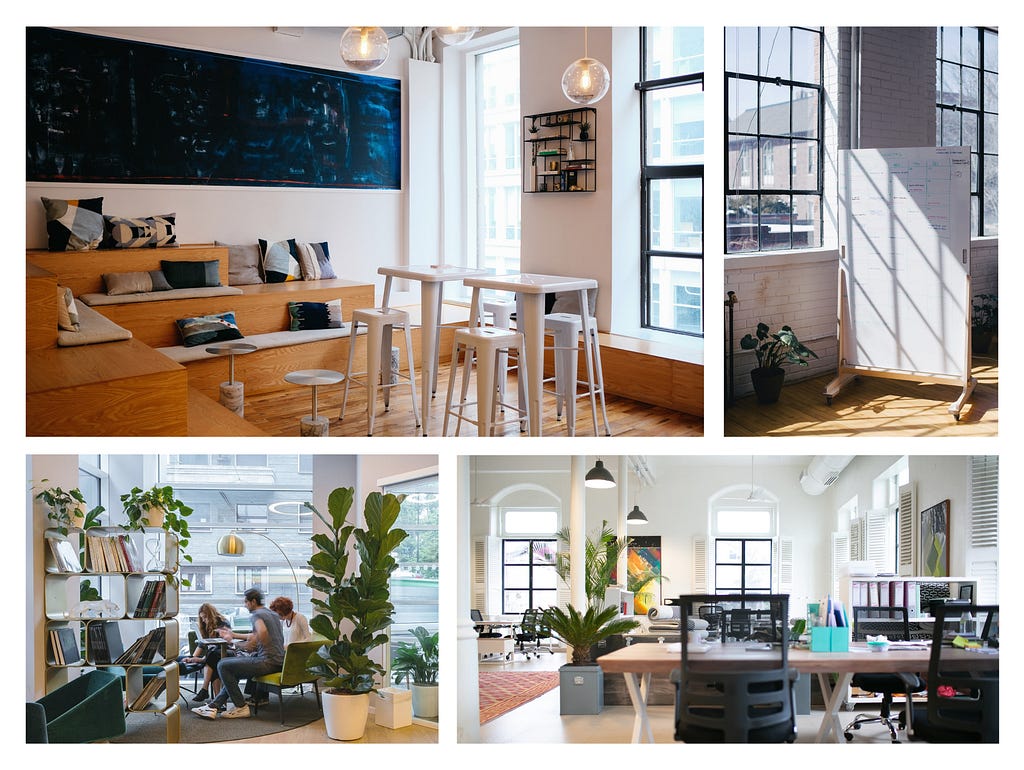 A collage of several pictures to transport the mood of the customisable collaboration space: standing desks, movable whiteboards and furniture.