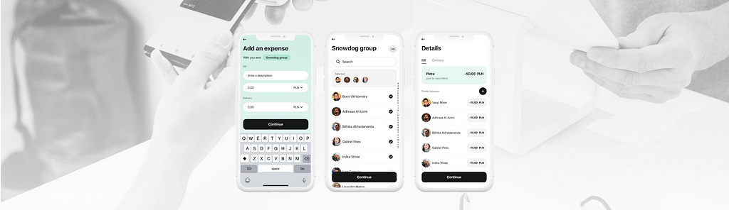 Black and white photo of payment being made in person. Foreground: three iphone mockups with screens of payment splitting app design.