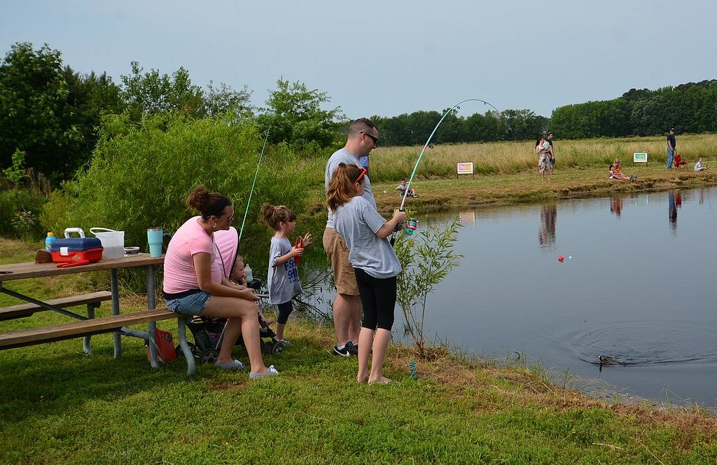 A family fishes in a small pond. The mother sits on a picnic table with their gear while the father and their two young daughters cast their lines into the water.