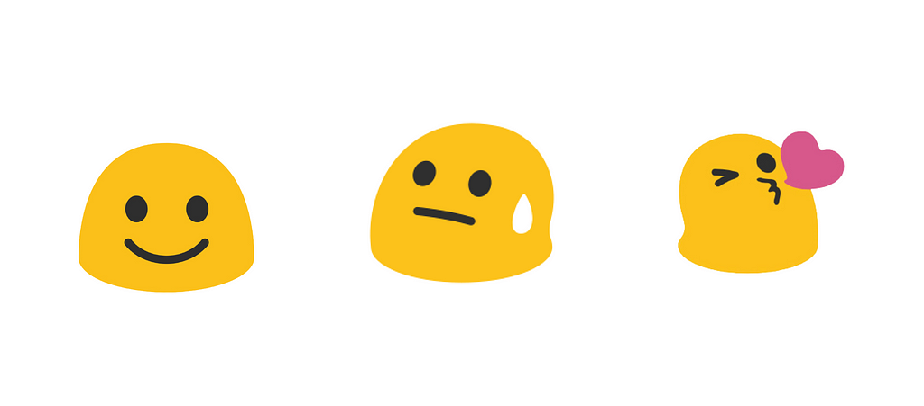 3 of the former Google blob emoji: slightly smiling face, grinning face with sweat, and face blowing a kiss