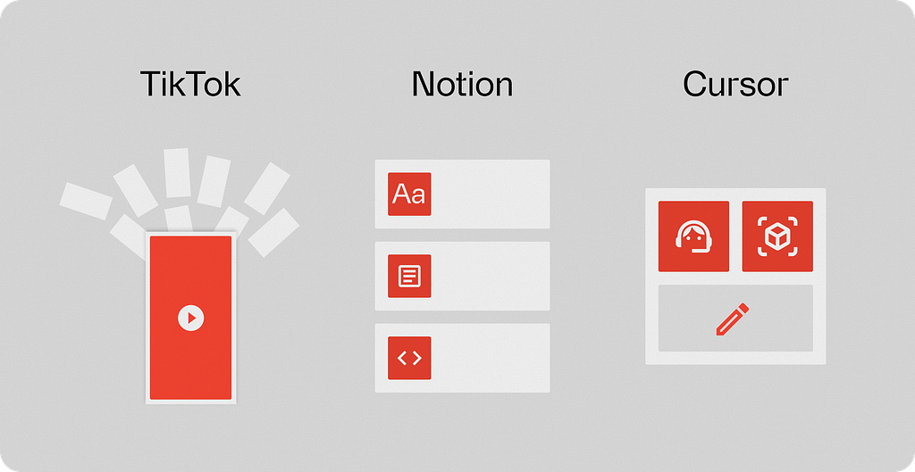 A horizontal infographic showcasing icons for TikTok, Notion, and Cursor on a light grey background. TikTok is represented by an orange smartphone icon with a play button, surrounded by a fan of faint grey frames. Notion features three stacked cards with icons for text (Aa), lists, and code brackets. Cursor is depicted as a grid of three squares containing a support headset, a 3D box, and a pencil icon. The design is minimalist, using a consistent orange and grey color palette.