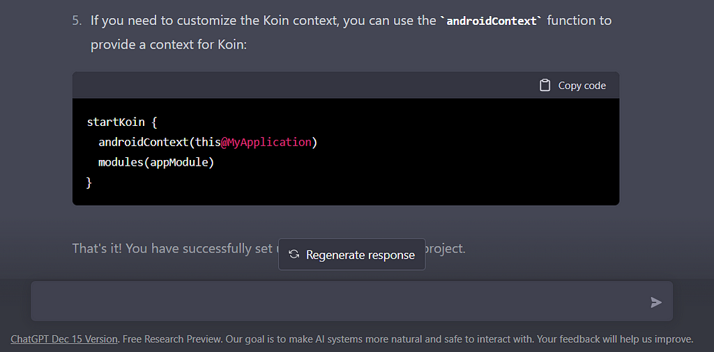 ChatGPT’s reply to the query: How to set up the Koin in the Android Project