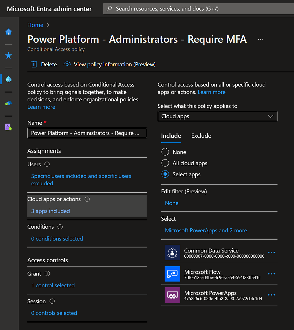 Requiring MFA for Power Platform Administrators — Included apps