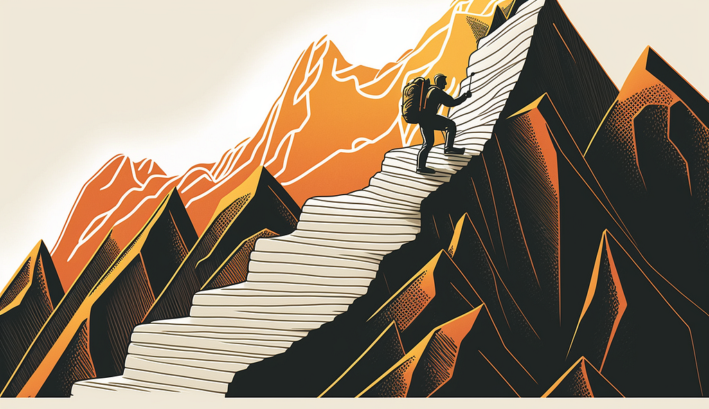 Illustration of a person climbing a mountain, halfway up