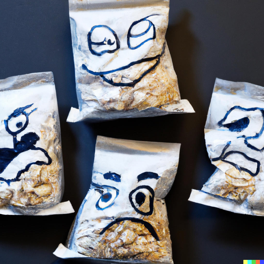 Empty bags of snacks, generated by DALL-E.