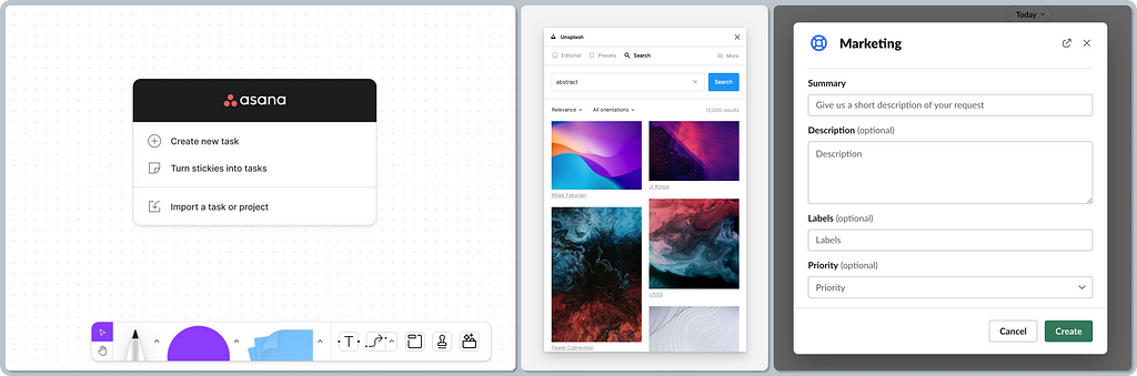 A composition of three screenshots showing various forms of UI widgets. The first screenshot shows Asana’s UI widget as a FigJam object on the canvas. The second one shows Unsplash’s plugin UI in Figma, and the last one shows an app’s modal window in Slack.