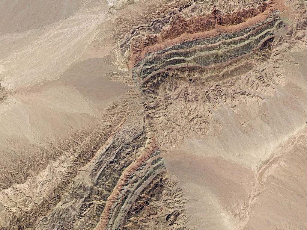 Satellite view of the colorful Piqiang Fault in China.