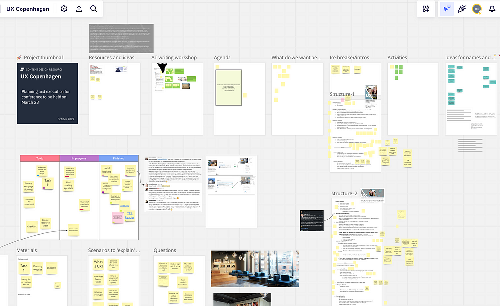 Screenshot of a virtual whiteboard, zoomed out so text cannot be read. The board is filled with post-it notes, tables, screenshots, notes and schedule plans, which we used to help plan our workshop.
