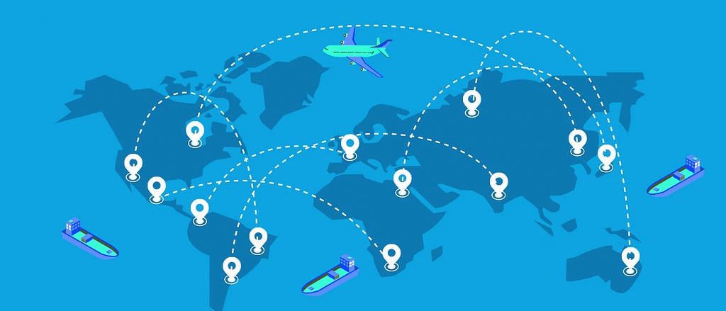 An illustration shows the working process of the supply chain where deliveries are made across different locations across the globe. The illustration shows connections between locations, two shipping ports, and an airplane traveling across the destinations.