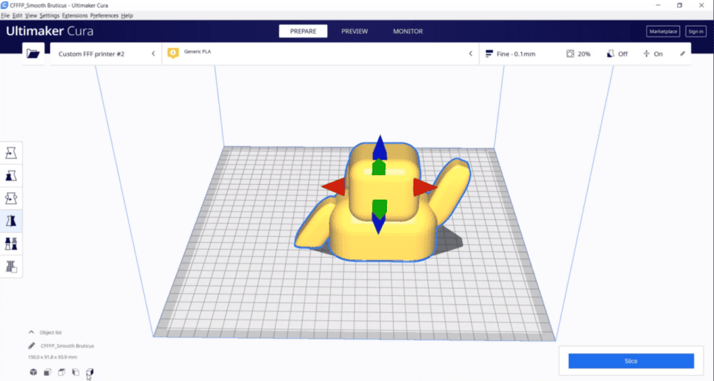 Adjusting the position of a 3D rubber duck model in Ultimaker Cura using the mirror tool.