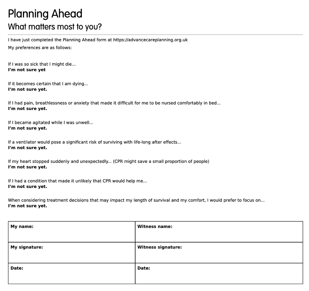 The print view of the final stage of the form, which can also be downloaded as a PDF