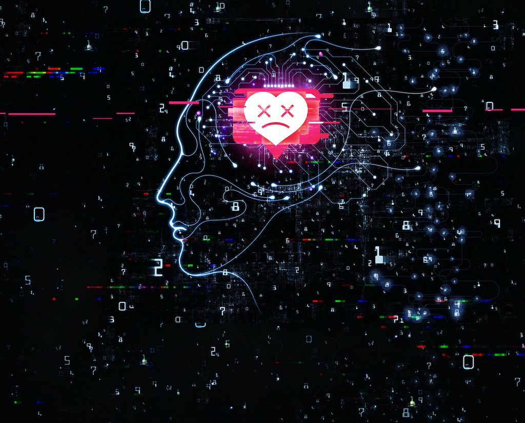 data being fed into a human head with an unhappy heart inside the head