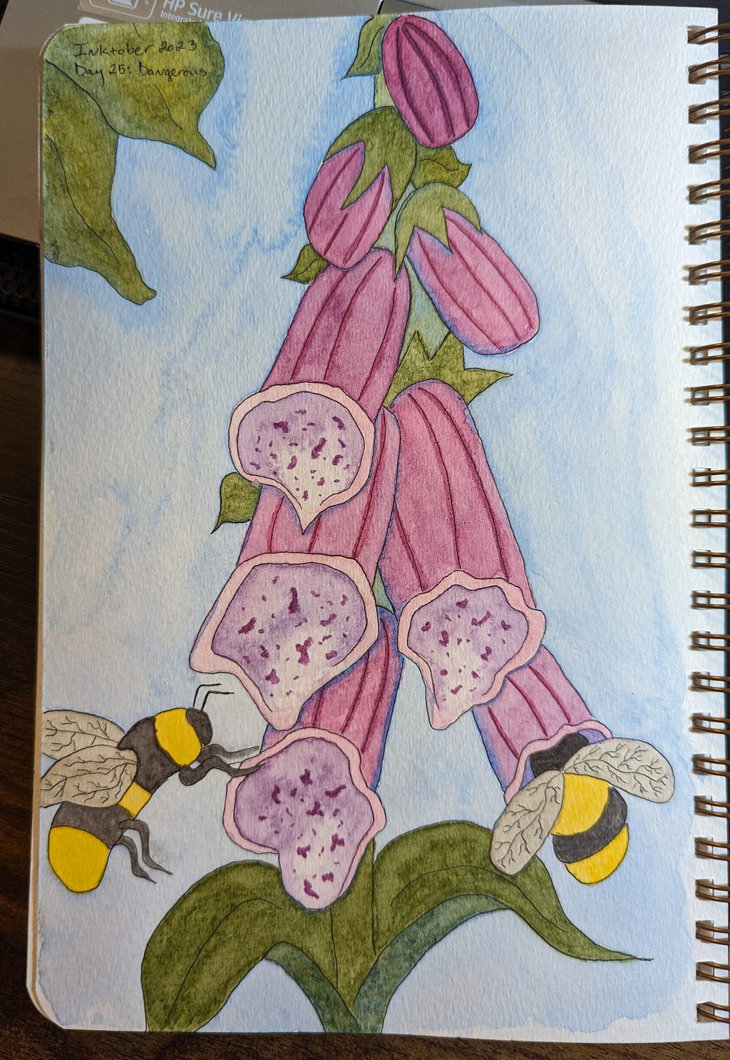 Two bees on foxglove flowers for the prompt “dangerous.” Foxgloves are poisonous.