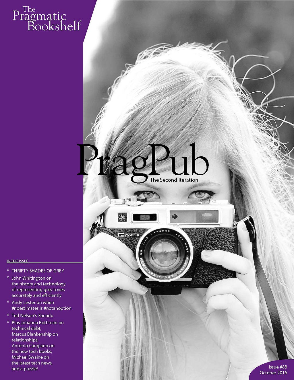 magazine cover showing woman with a camera in b&w