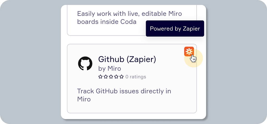 A screenshot close-up of a Github app tile listed on Miro’s marketplace. The highlight shows a mouse cursor pointing at a badge with Zapier’s logo, labeled “Powered by Zapier”.
