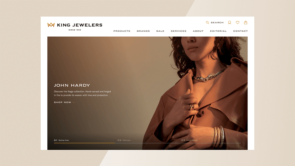 Screenshot of King Jewelers’ website on a beige background
