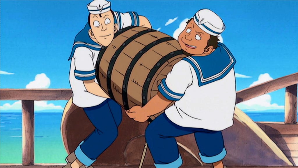 A screenshot from the first episode of One Piece anime.