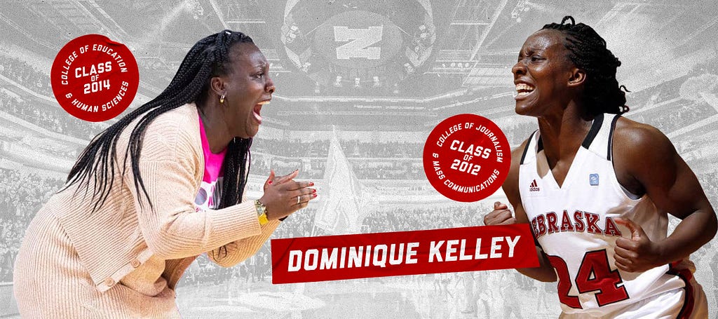 A collage with a basketball court in the background. Left: Dominique now, coaching Lincoln High girls’ basketball. Right: Dominique playing during her time as a Husker student-athlete. Text over top reads “Dominique Kelley” and her grad years: 2012 and 2014
