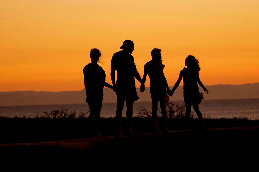 The silhouette of a family holding hands at sunset.