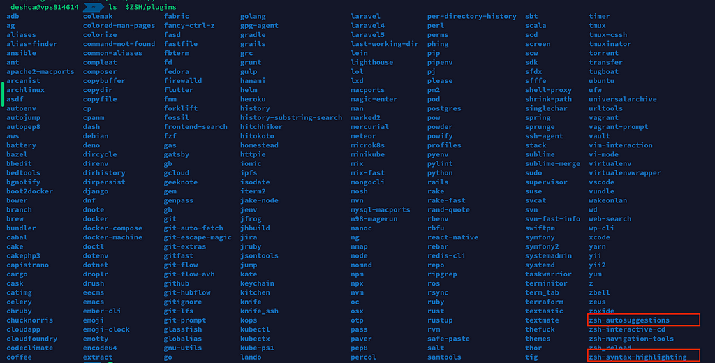 Autosuggestion and syntax highlight plugins added to the Oh My Zsh plugins folder.