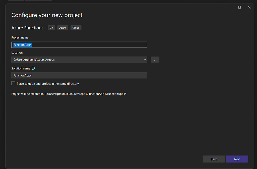 Visual Studio image for configuring new project showing project name, path