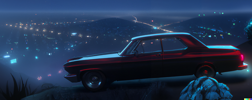 A digital illustration of a dark red, classic American muscle car parked on a ridge overlooking a city at night. No-one is sitting in the car, and in the background you can see lines of lights cutting through the hills.