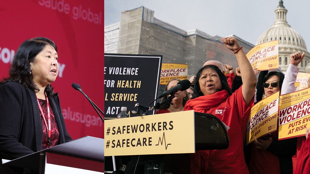 Collage with two photos: on left is Filipina woman standing behind microphone in front of red wall, on right is Filipina woman standing in front of Capitol building in Washington, DC wearing red top and scarf holding fist in air surrounded by other people. Sign in front of her says #safeworkers #safecare.