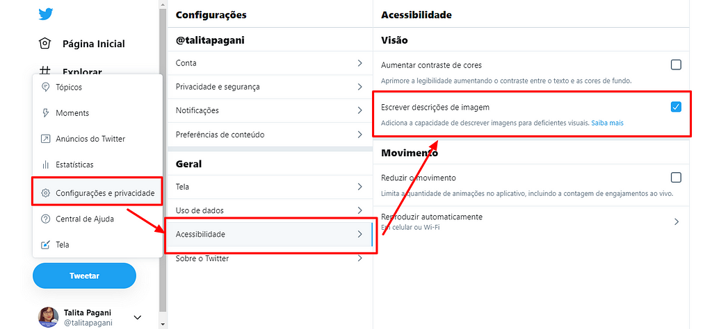 Tela de configurações de Acessibilidade do Twitter na versão desktop, destacando o caminho de navegação para chegar à opção.