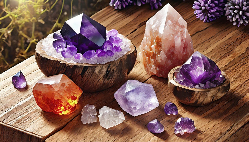 Amethyst and carnelian crystals on a desk