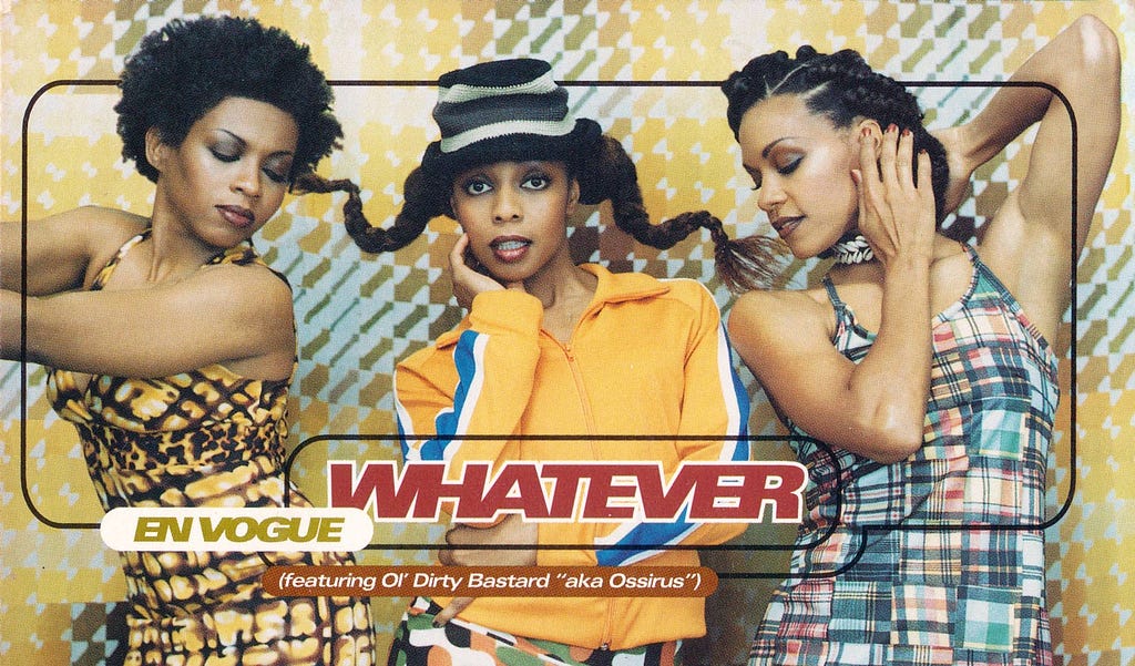 Maxine Jones, Terry Ellis, and Cindy Herron-Bragg (left to right) strike a funky pose wearing distinctly patterned dresses against a similarly geometric patterned background. Cindy’s hair is braided and coiffed away from her face. Terry wears two wire-formed “Pippi Longstocking” style braids that crinkle out from beneath a compact, knit cap. Maxine lets her short-cropped natural hair shine. All three wear close their eyes showing off smoky makeup except Terry who stares into the camera blithely.