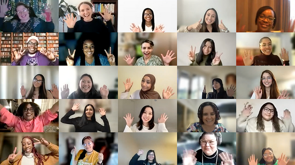 Zoom grid of 25 people cheering at the virtual launch celebration for Techtonica’s 2023 H1 cohort