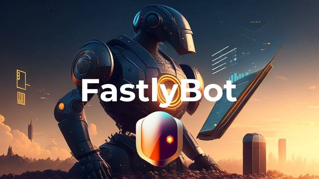 an ai robot looking to his device, fastlybot logo “icon and text version”