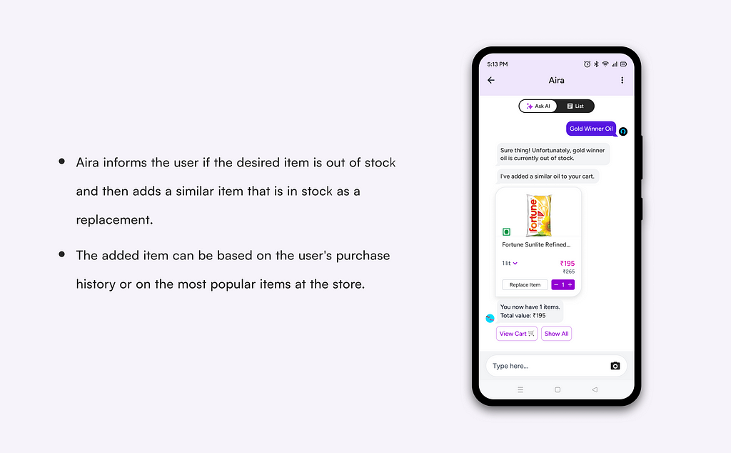 Mockup image showing the AIRA shopping assistant suggesting a similar item to a user when their desired item is out of stock. The text below the mockup provides more information about the feature:
 
 AIRA informs the user if the desired item is out of stock and then adds a similar item that is in stock as a replacement. The added item can be based on the user’s purchase history or on the most popular items at the store.