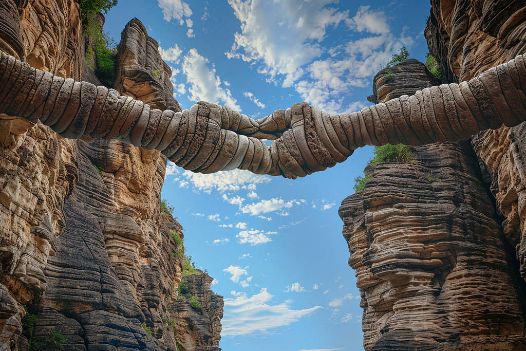 A digitally manipulated image showing two large, rocky cliffs facing each other with a giant stone structure in the shape of a human handshake connecting them. The sky is bright and clear with puffy clouds, emphasizing the surreal and powerful connection between the two landforms.