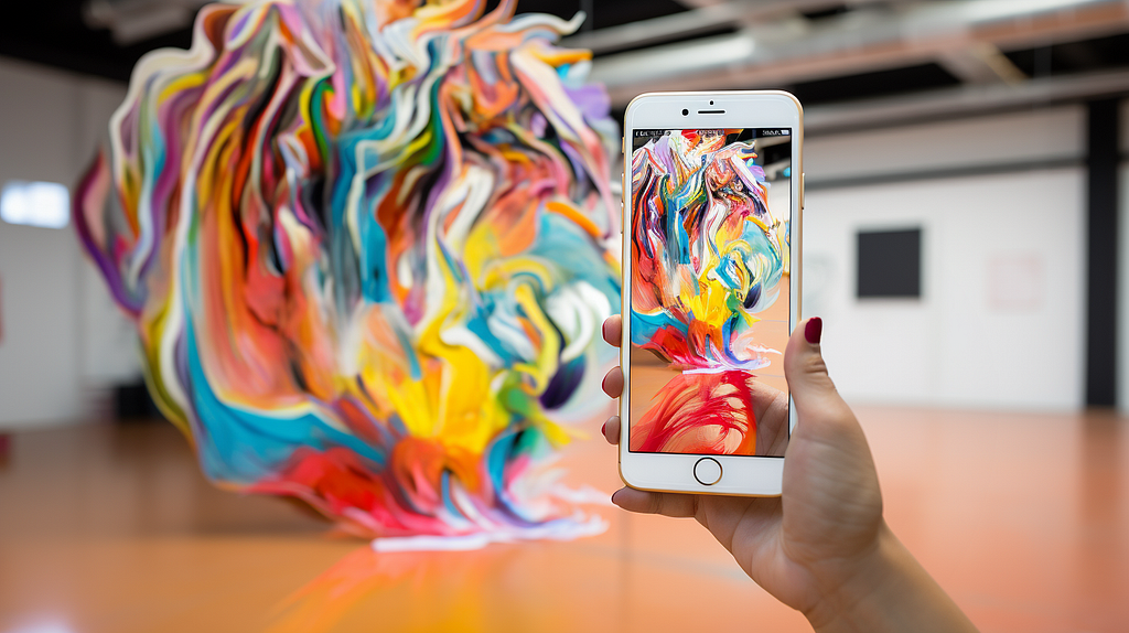 A person’s hand holds a smartphone, capturing a vibrant, abstract art piece on its screen. The artwork, a whirl of vivid colors and organic shapes, fills the exhibition space, contrasting with the minimalist gallery walls.