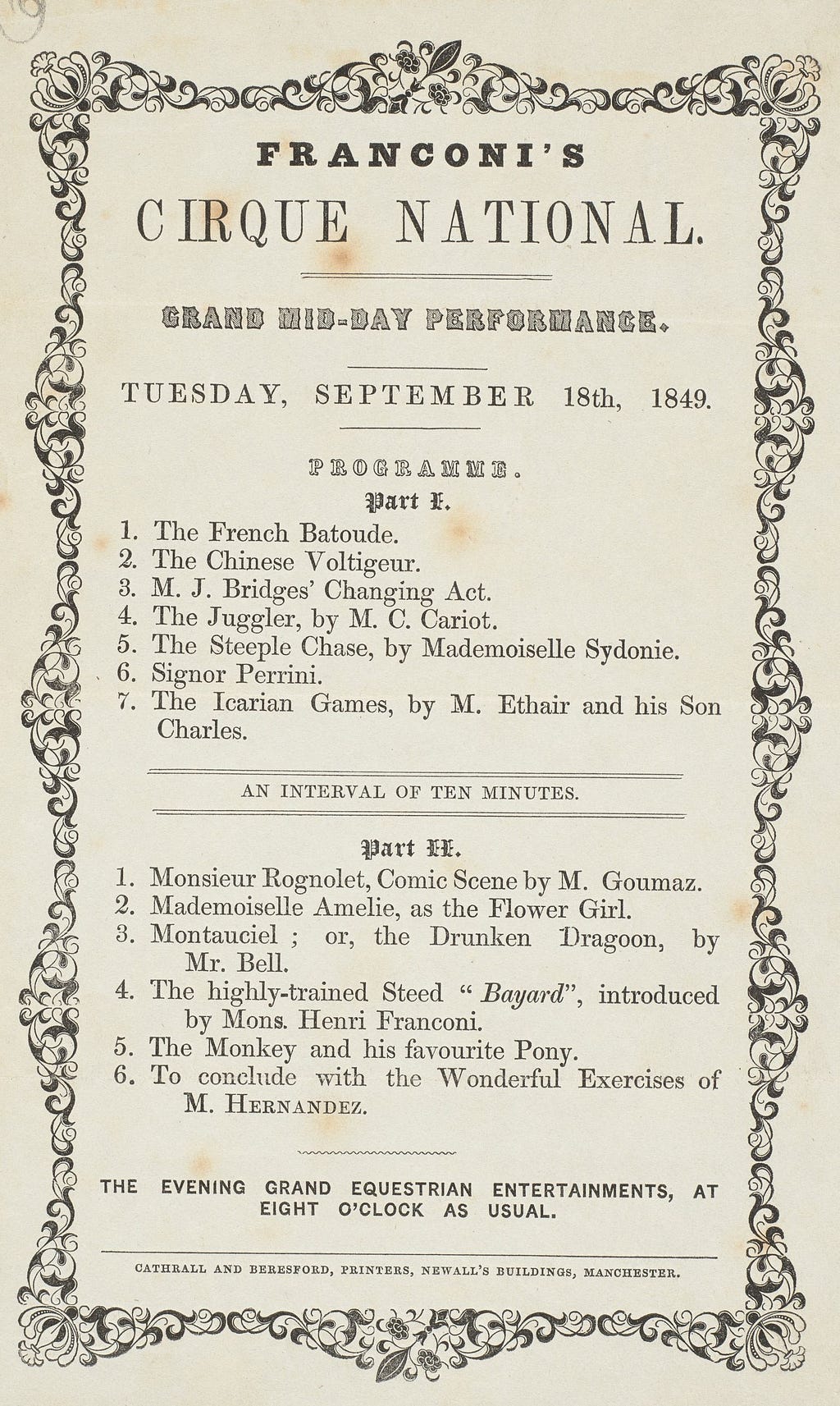19th-century circus handbill listing a total of thirteen acts plus a ten minute interval. Printed within a decorative border.