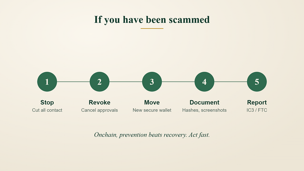 Five-step response flow for a crypto scam: stop all contact, revoke approvals, move funds to a new wallet, document everything, and report to IC3 or the FTC.