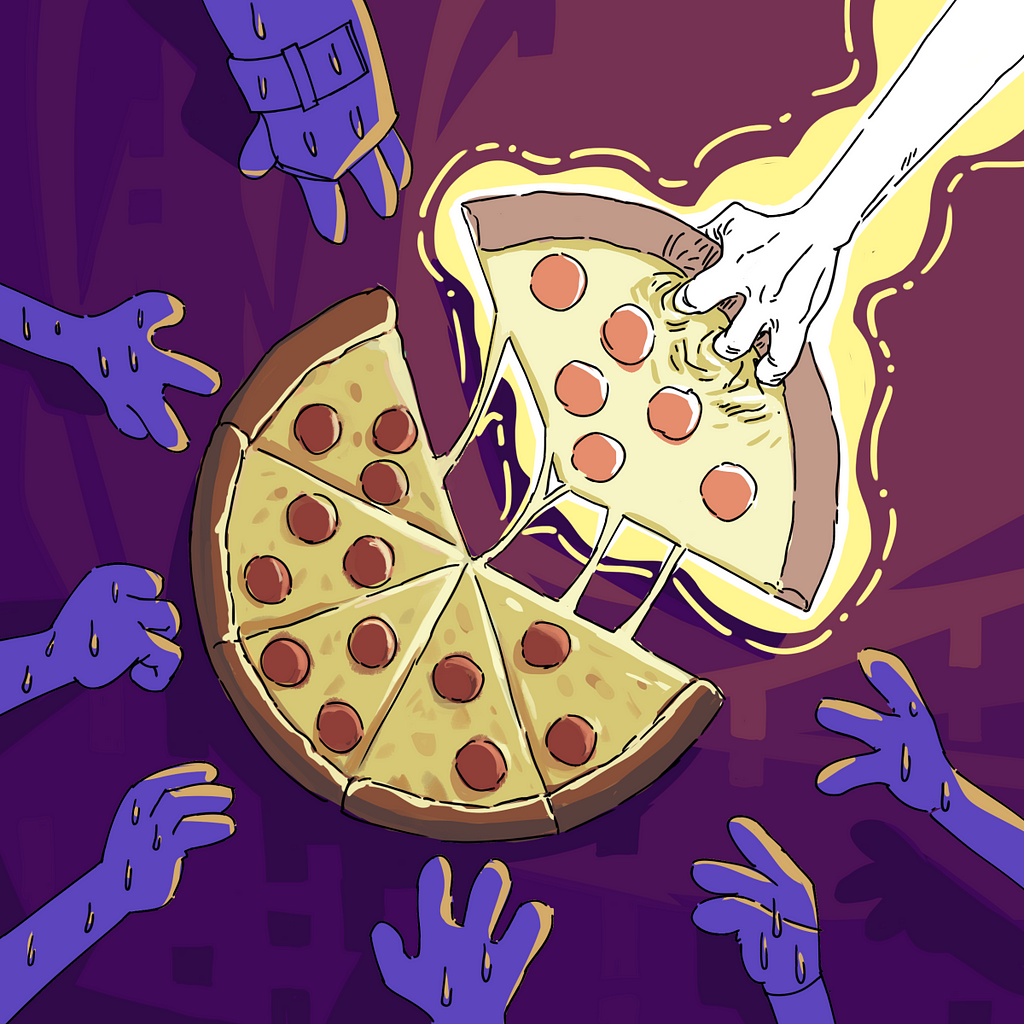 A circle of hands reach out to grab slices of a pizza, with one taking a slice three times the size of the others