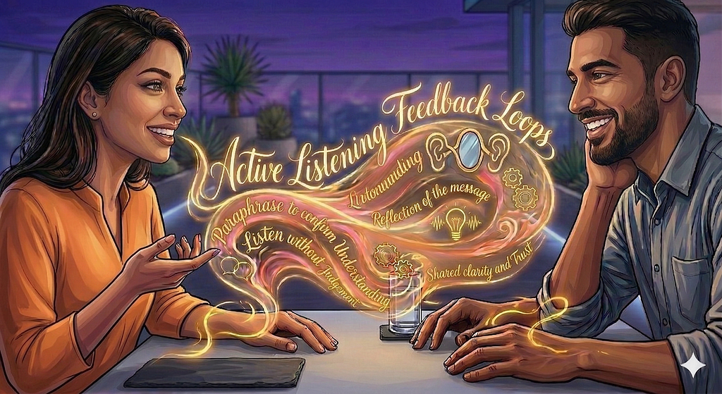 A visualization of two people having conversation using effective communication techniques like Active Listening.