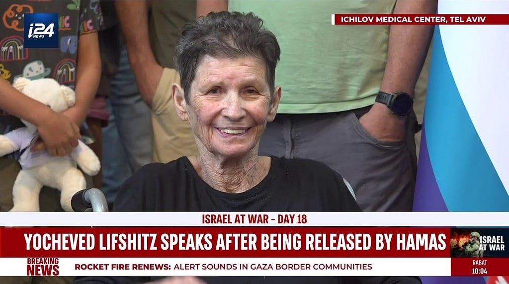 Yocheved Lifshitz smiling in her first interview following release by Hamas.