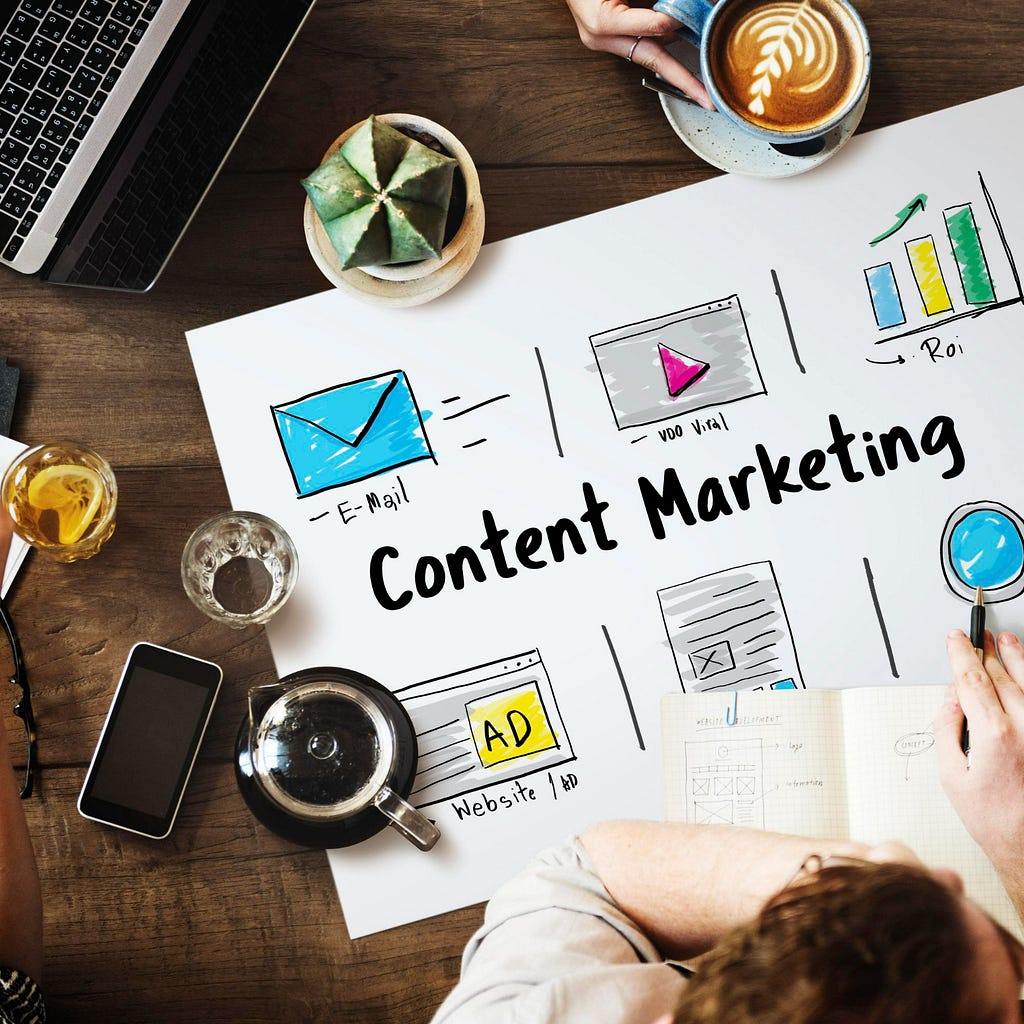 written content marketing on a sheet with different content strtegies