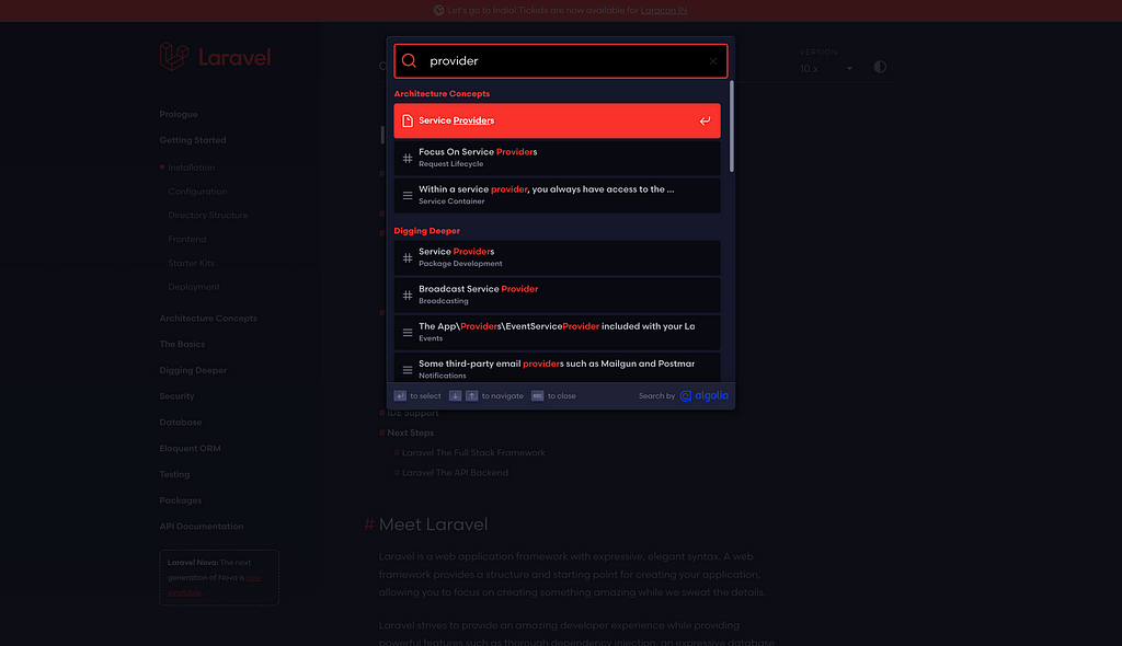 Searching in Laravel Documentation