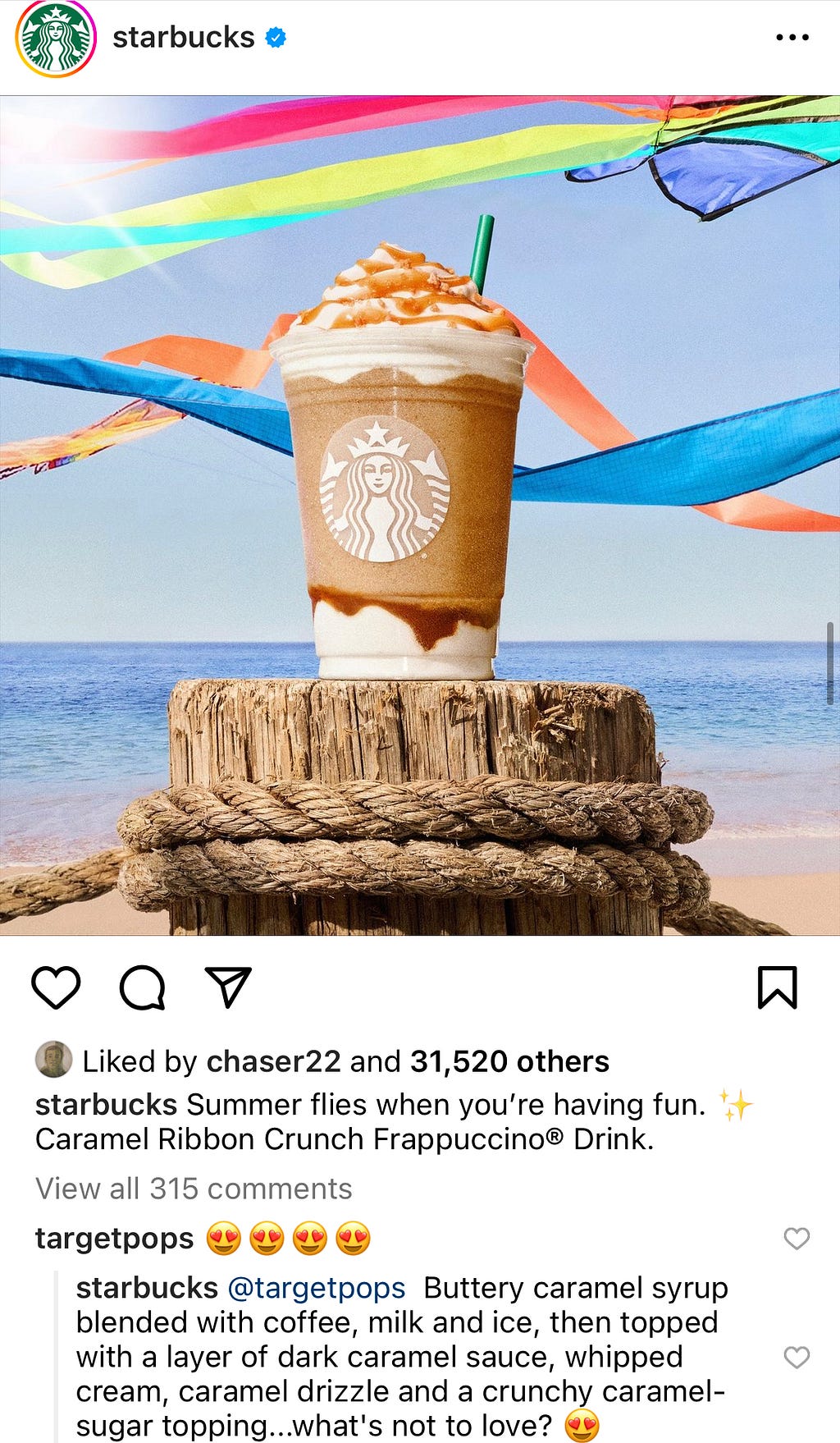 Screen capture of Starbucks Instagram post advertising Caramel Ribbon Crunch Frappuccino in front of beach background with kites flying behind.