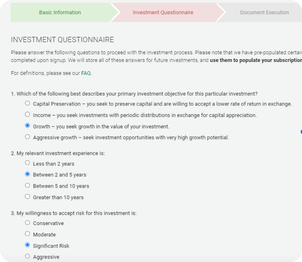 EquityZen investment questionnaire page, screenshot