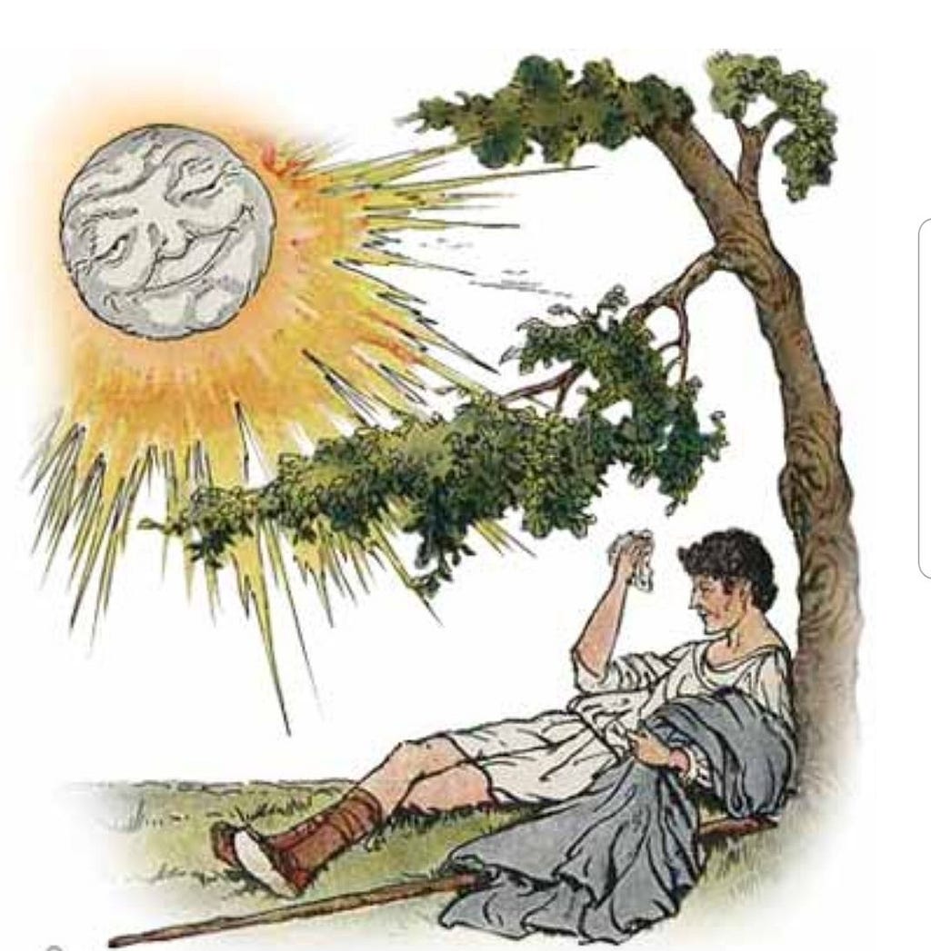 White man in loose clothing lying down against a tree, wiping his brow in response to the smiling sun’s heat above him.