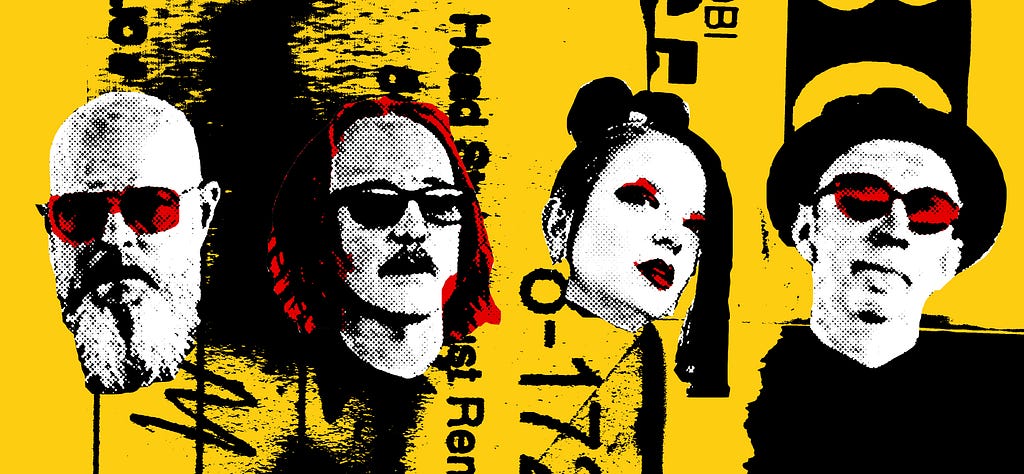 Cut out faces of each member of the band, Garbage, rendered in a style of Andy Warhol