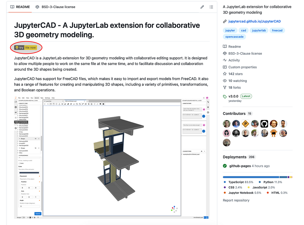 Screenshot of the JupyterCAD GitHub repository.