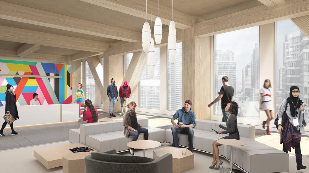Architectural rendering shows the interior of an airy, wood-filled office space. People walk, sit, and talk on couches.