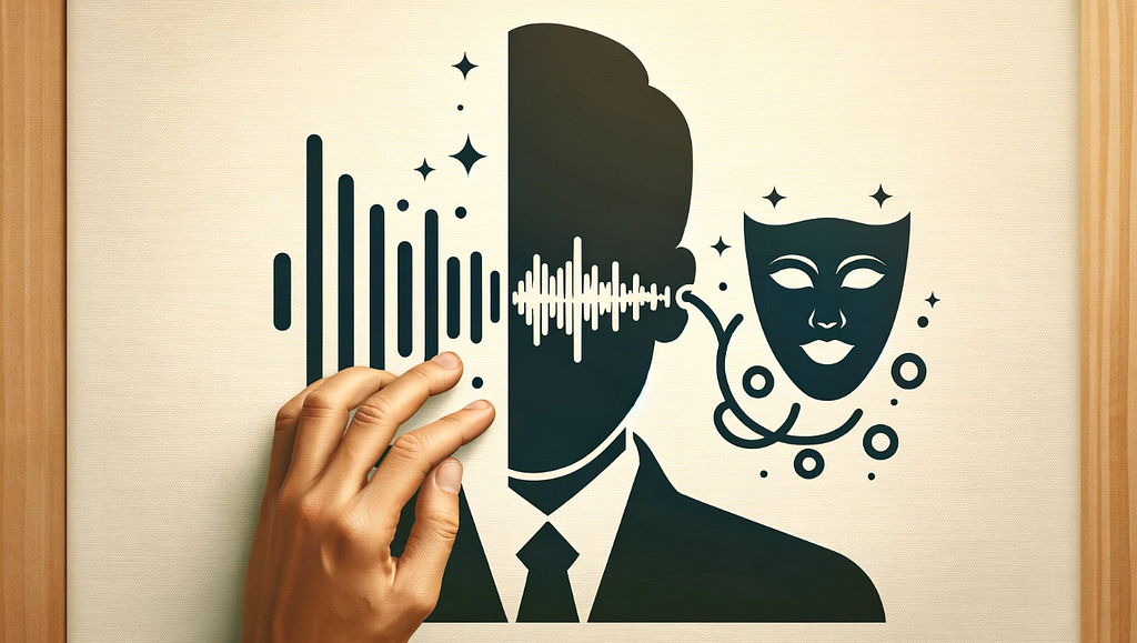 blog image for “Becoming the Character: Actors’ Journey to Mastering the American Accent.” It features a simple silhouette of an actor with sound waves or speech bubbles to indicate the American accent, and a theatrical mask symbolizing character transformation. The design focuses on personal growth and skill development in accent mastery for acting.