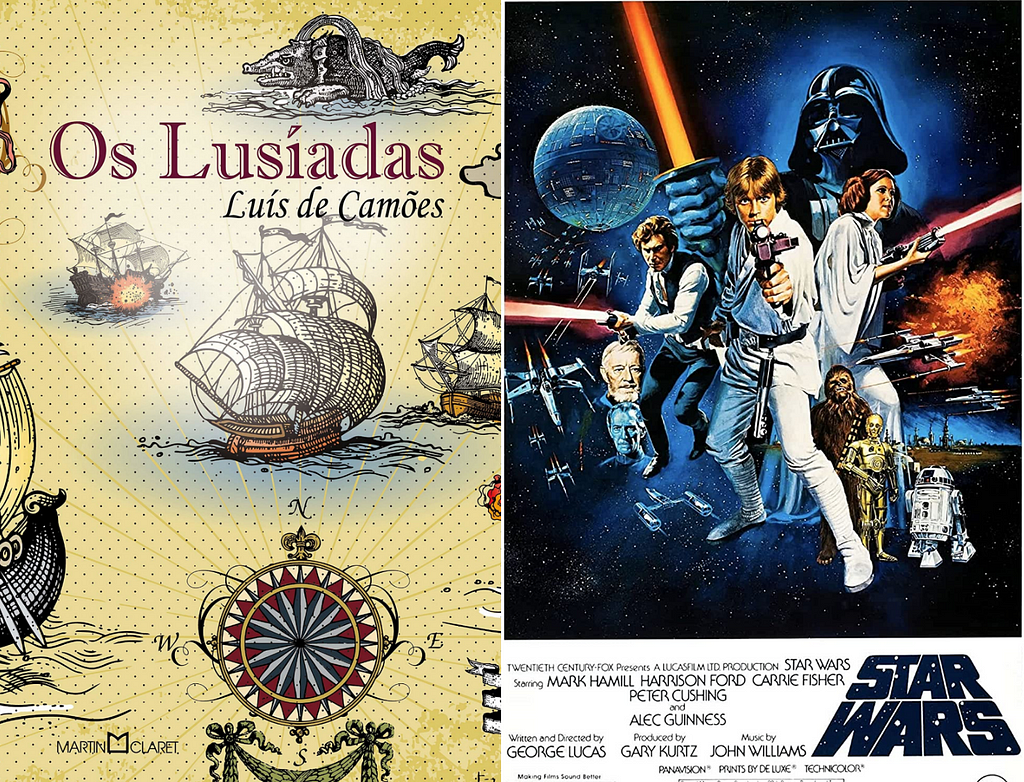 Capa do livro de Os Lusíadas e, ao lado, pôster do filme Star Wars: Uma Nova Esperança.